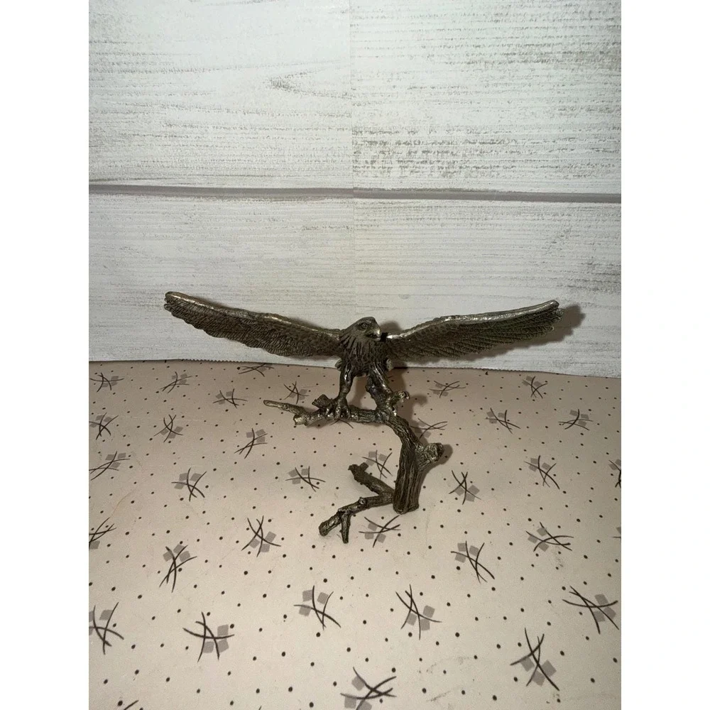 Vintage Brass Eagle Figurine‎ Perched on Branch Soaring Bird Statue Bronze Tone